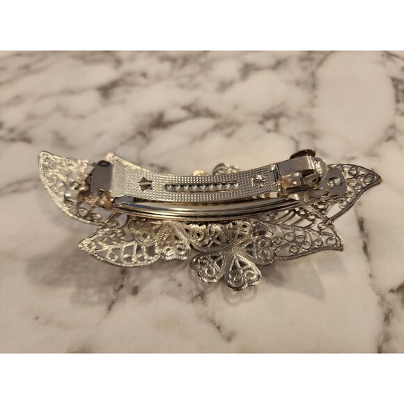 Silver Tone Filigree Floral Hair Clip Barrette With Rhinestones - Picture 3 of 5